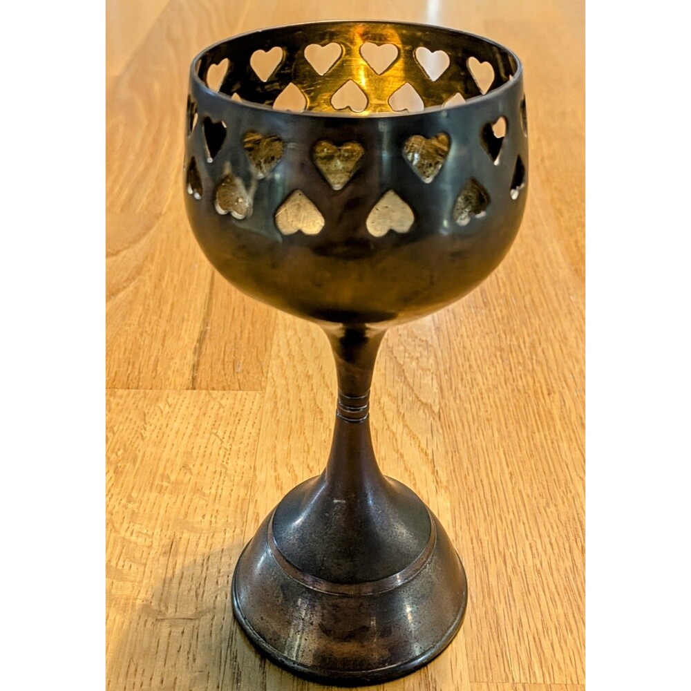 Brass Cutout Hearts Candle Holder Vintage 1980s Goblet Style Votive Candlestick